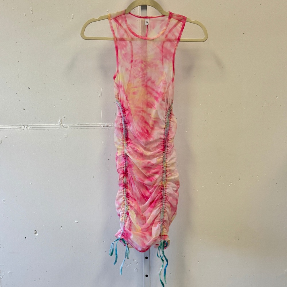 Oh Polly Tie-Dye Sheer Bodycon‎ Mini Sleeveless Dress Pink Medium Cinched Hem